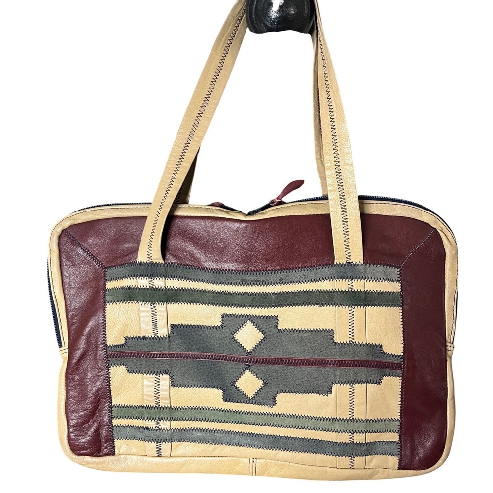Vtg Patchwork‎ Leather Carnit Israel Briefcase Bag Tote Kilim Southwest inspired
